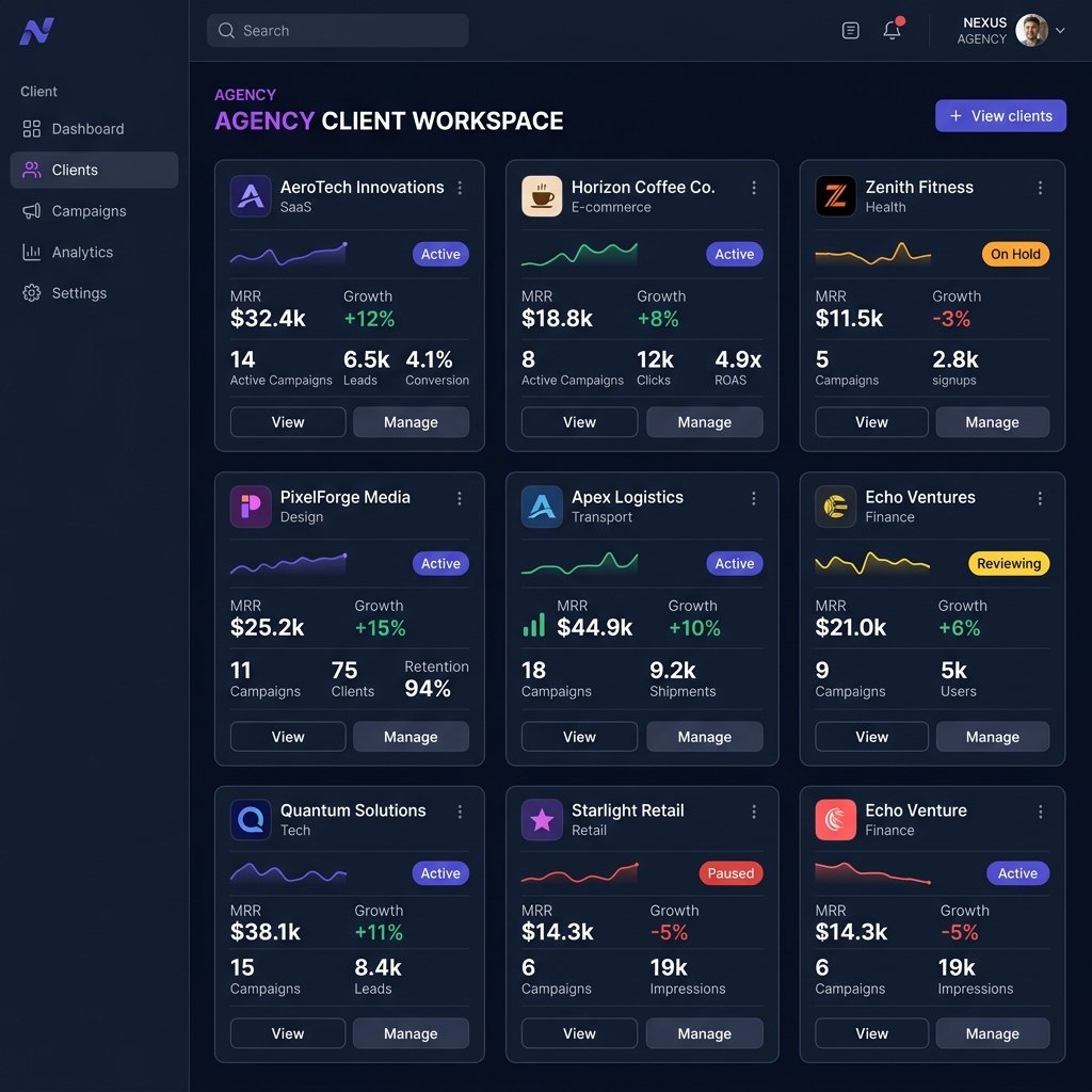 ProspectArc multi-client agency dashboard showing campaign stats across multiple accounts