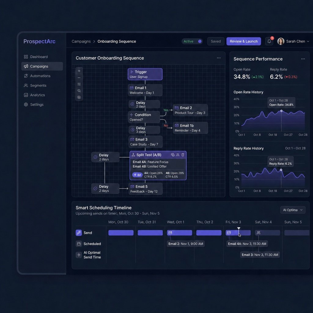 ProspectArc email campaign dashboard with structured sequences and campaign metrics
