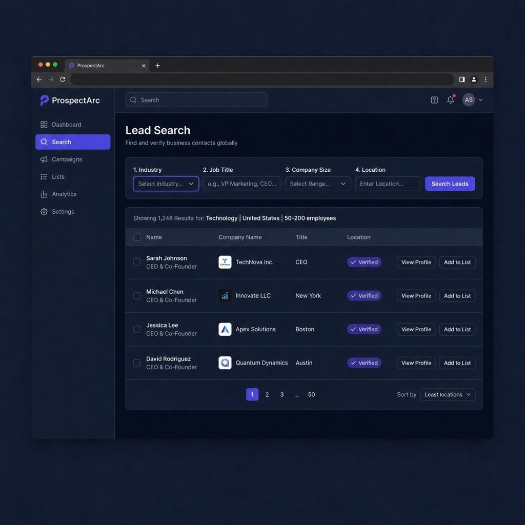 ProspectArc lead search interface with advanced filters for industry, job title, and company size